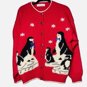 Vtg Karen Scott Penguin Cardigan Sweater Size 8 Red Holiday Coquette size 8